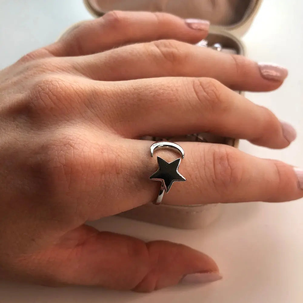 Sterling Silver Spinning Moon and Star Anxiety Ring