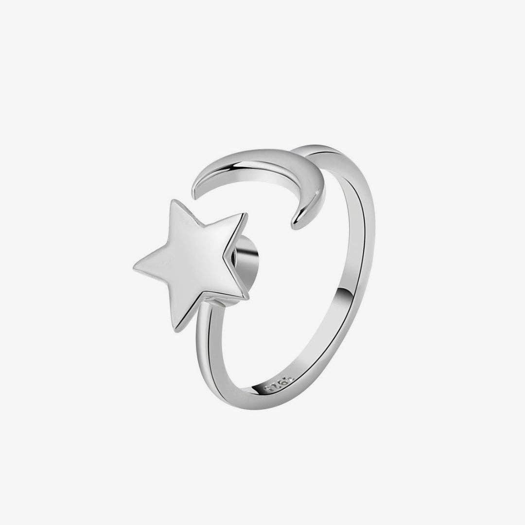 Sterling Silver Spinning Moon and Star Anxiety Ring